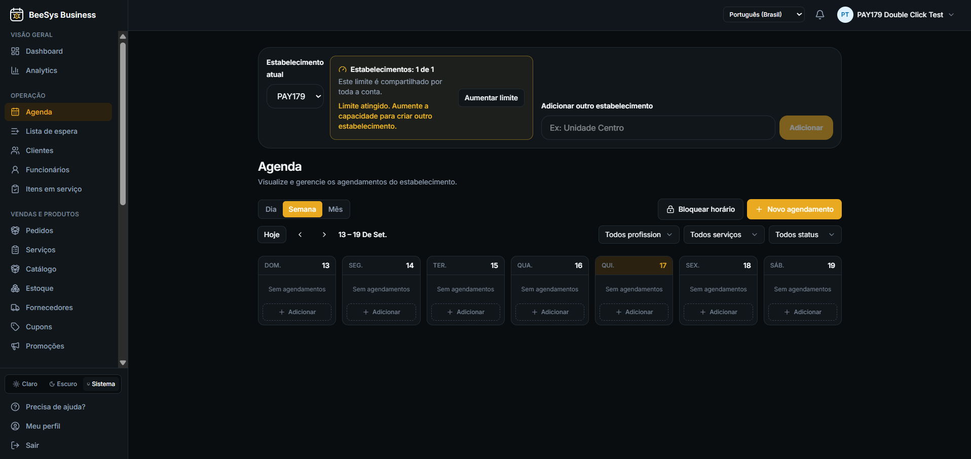 Tela de agenda semanal do BeeSys Business com horários e agendamentos