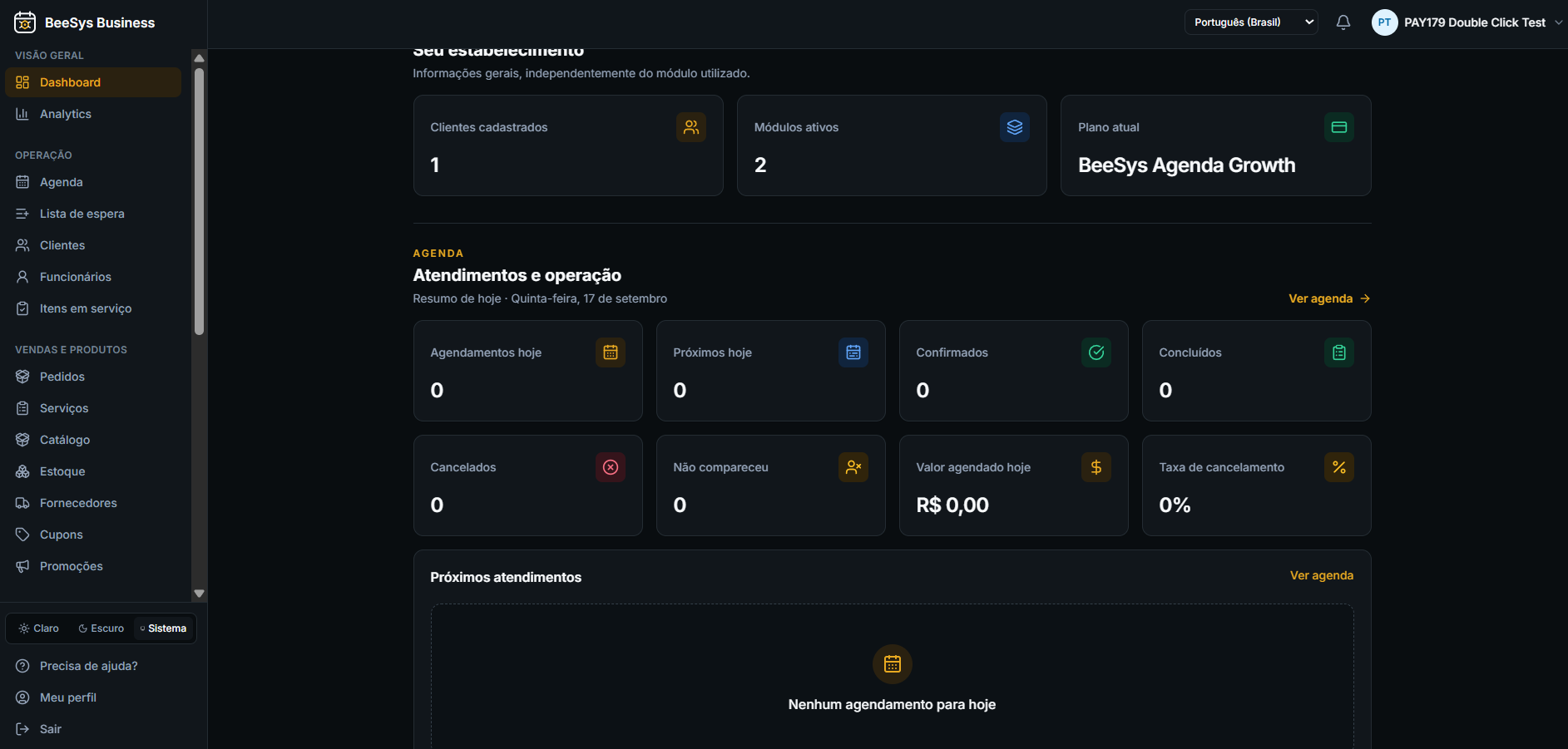 Dashboard do BeeSys Business com visão geral do estabelecimento e da agenda