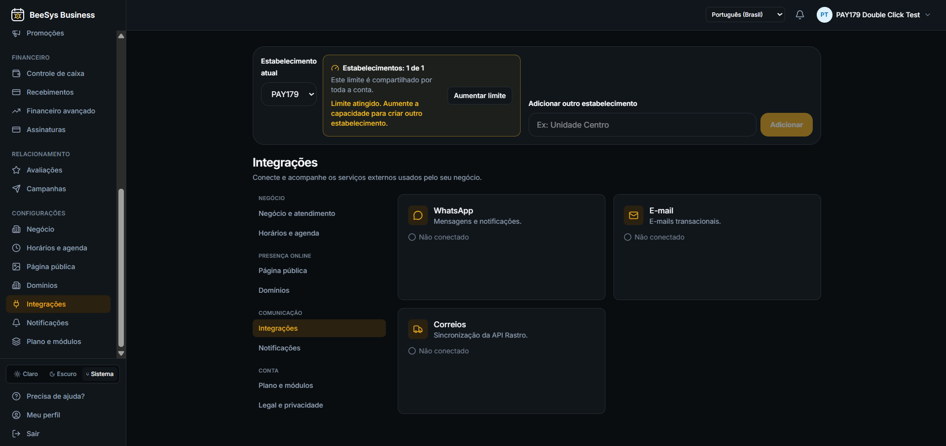 Tela de integrações do BeeSys Business com WhatsApp, e-mail e Correios
