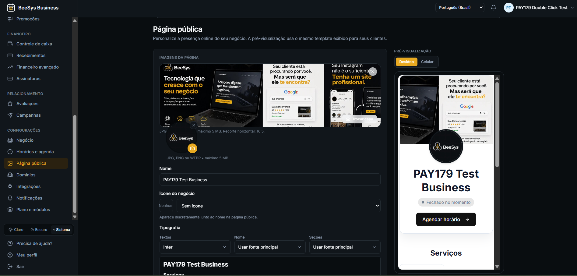 Personalização da página pública do BeeSys Business com pré-visualização em tempo real