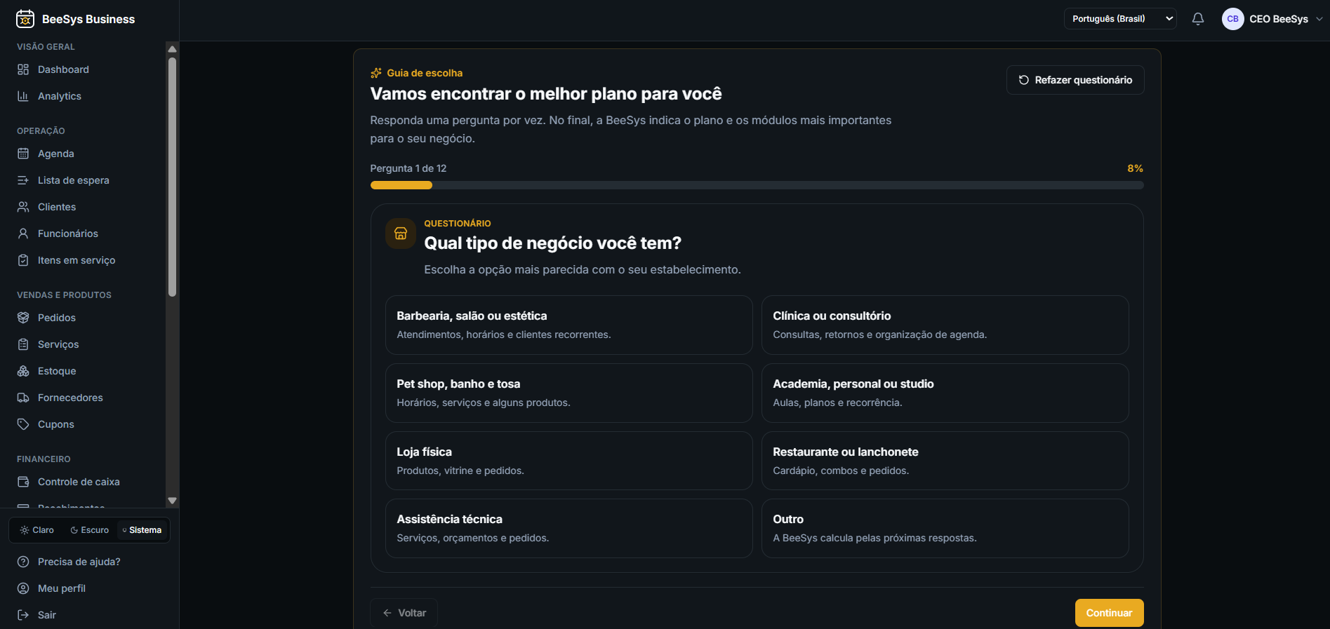 Questionário guiado do BeeSys Business que indica o plano ideal para cada negócio